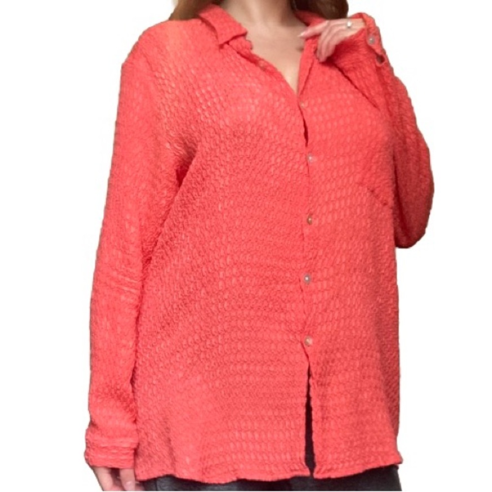 Chico's Silk Blend Orange Coral Button Long Sleeve Shirt Career Crinkle Size XL